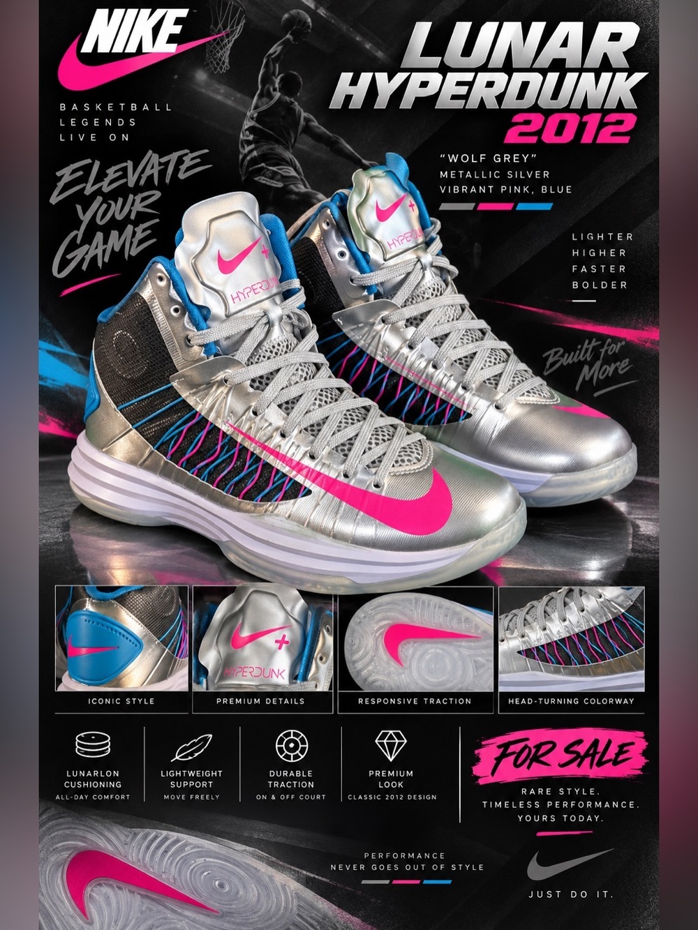 New!🔥Nike Lunar Hyperdunk 2012. “Wolf Grey" metallic silver, vibrant pink, blue.